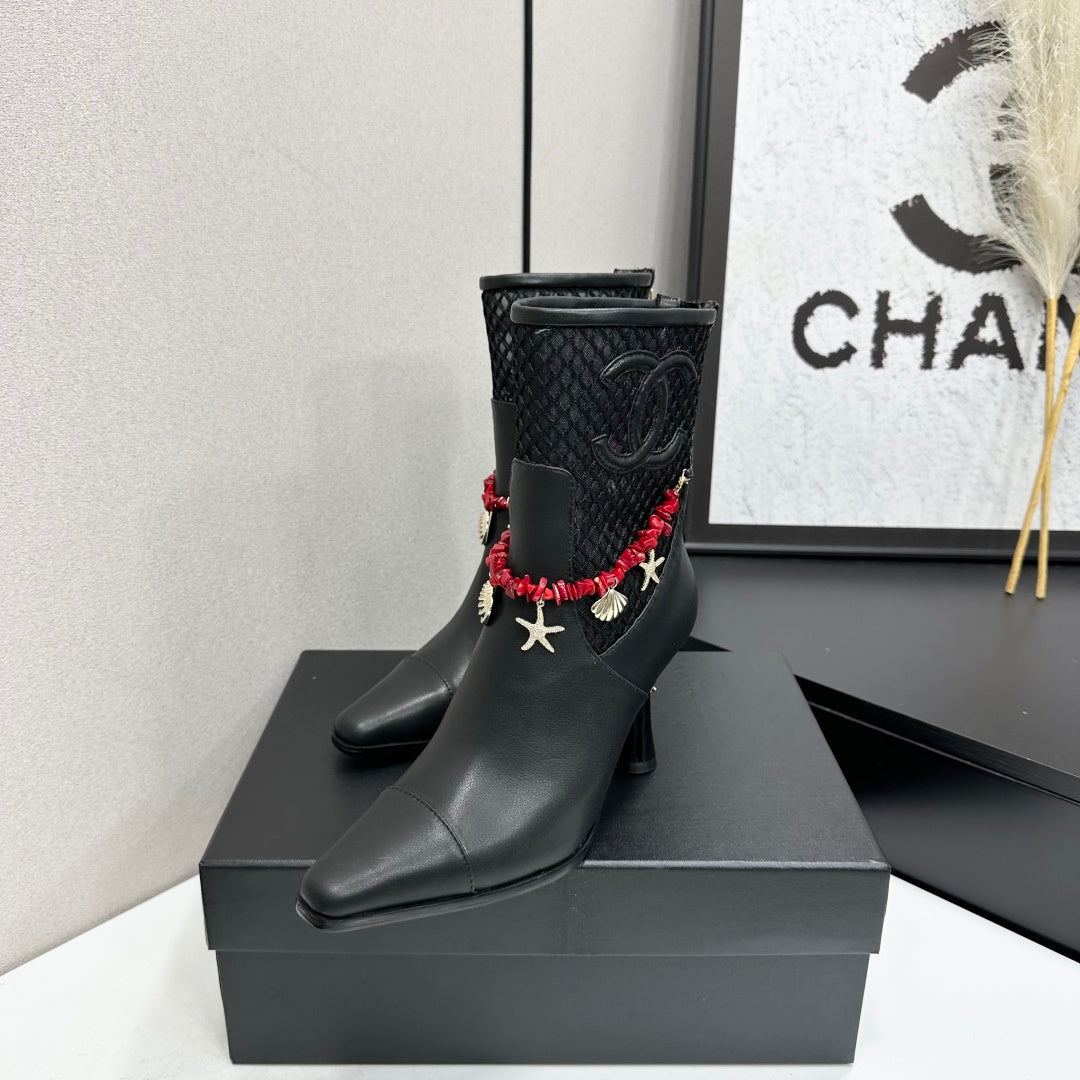 CC 26s Ankle Boots Seashell Charms Black Mesh Leather 944676