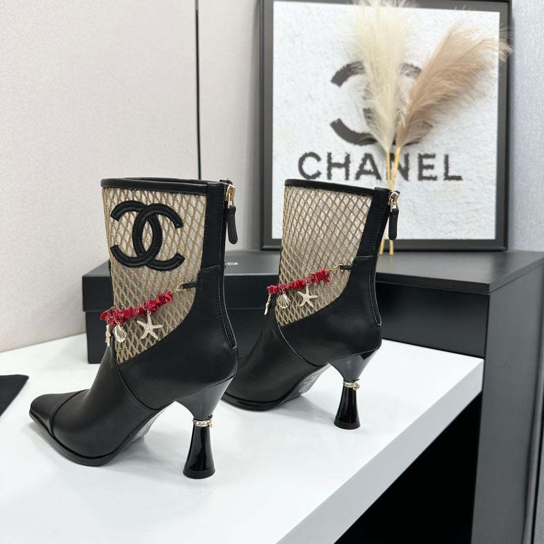 CC 26s Ankle Boots Seashell Charms Black Beige Mesh Leather 944677
