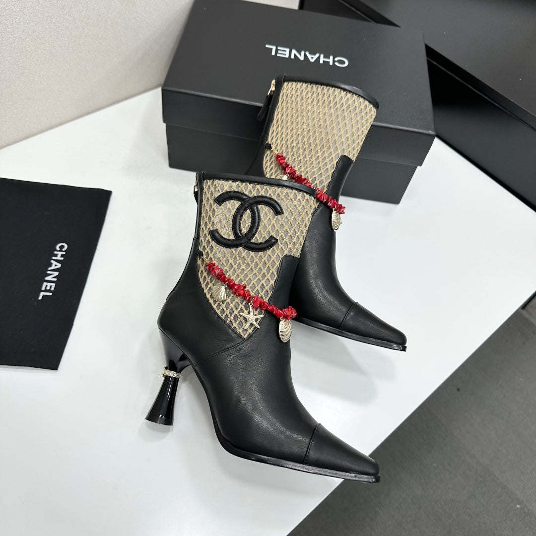 CC 26s Ankle Boots Seashell Charms Black Beige Mesh Leather 944677