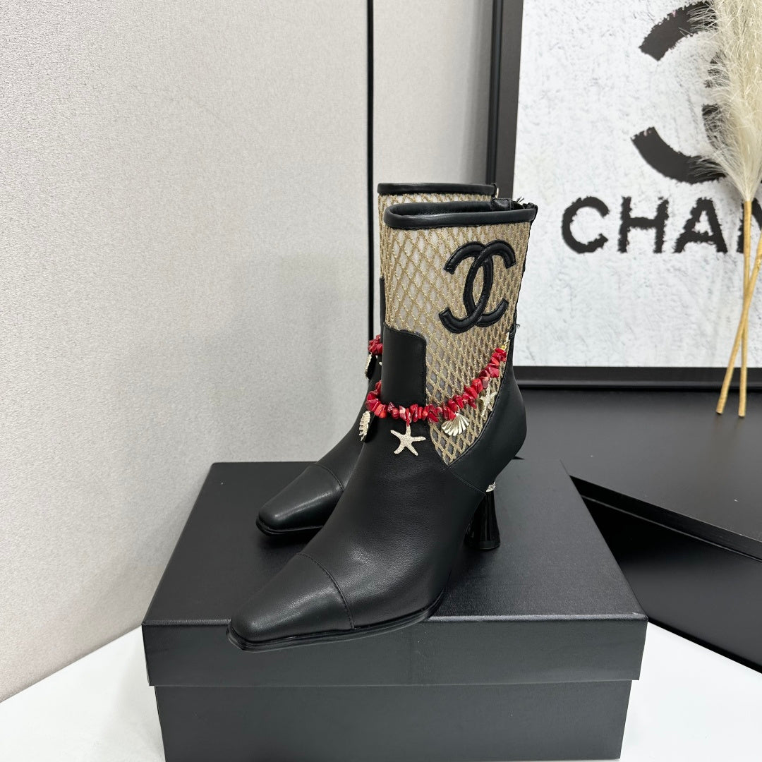 CC 26s Ankle Boots Seashell Charms Black Beige Mesh Leather 944677