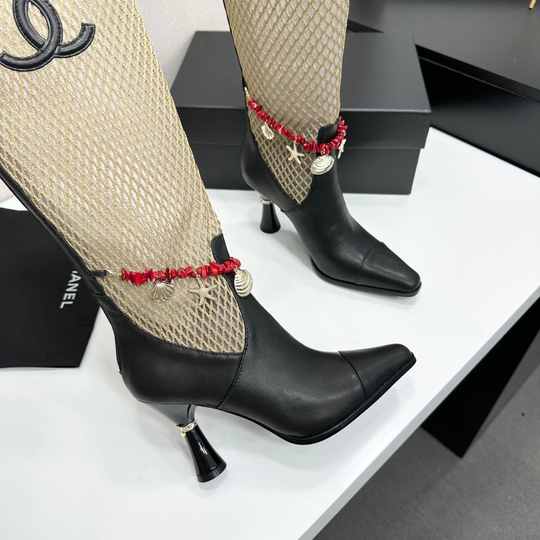 CC 26s Knee-High Boots Seashell Charms Black Beige Mesh Leather 944678
