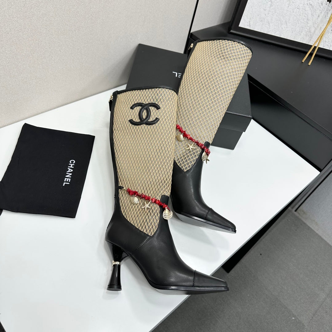 CC 26s Knee-High Boots Seashell Charms Black Beige Mesh Leather 944678