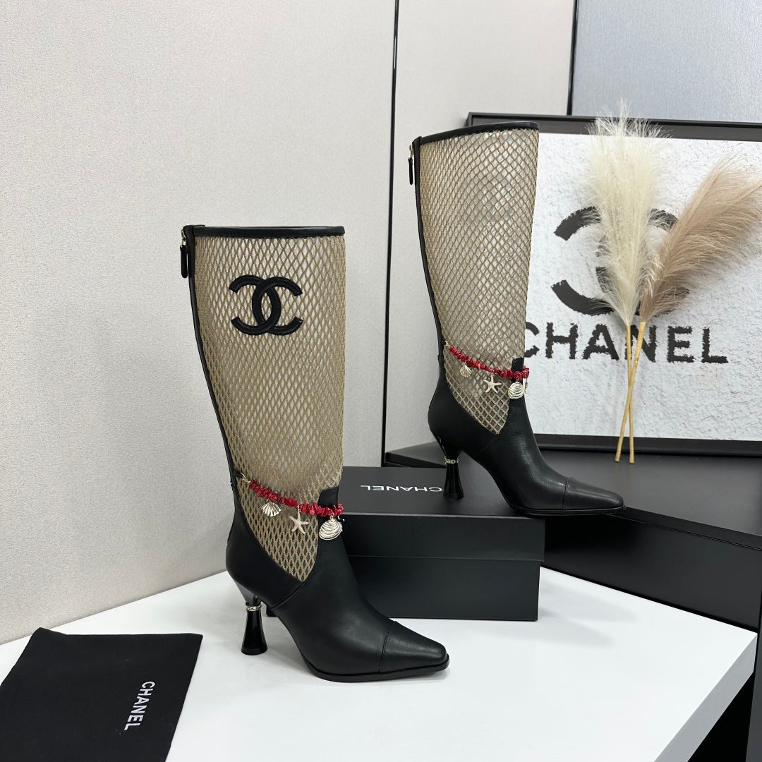 CC 26s Knee-High Boots Seashell Charms Black Beige Mesh Leather 944678