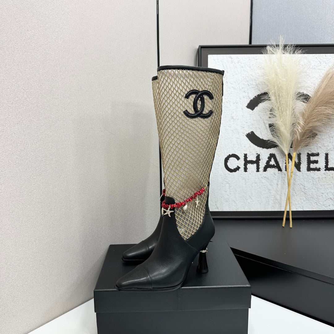 CC 26s Knee-High Boots Seashell Charms Black Beige Mesh Leather 944678
