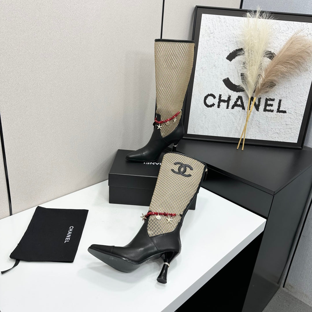 CC 26s Knee-High Boots Seashell Charms Black Beige Mesh Leather 944678