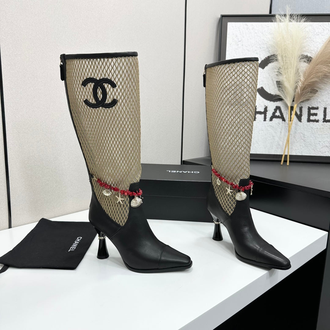 CC 26s Knee-High Boots Seashell Charms Black Beige Mesh Leather 944678