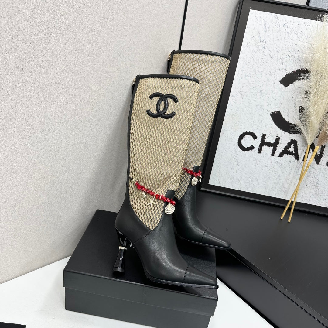 CC 26s Knee-High Boots Seashell Charms Black Beige Mesh Leather 944678