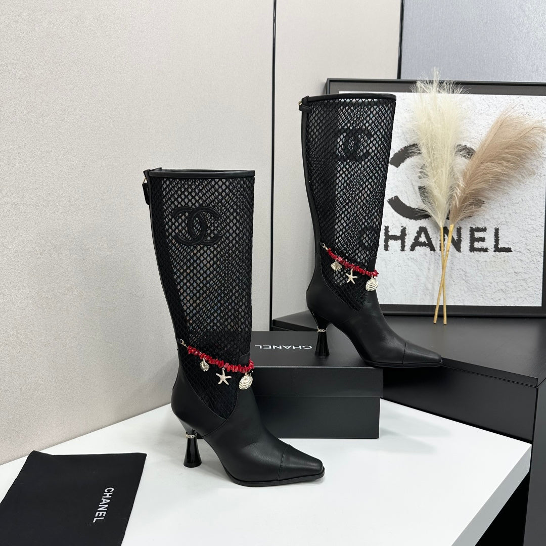 CC 26s Knee-High Boots Seashell Charms Black Mesh Leather 944679