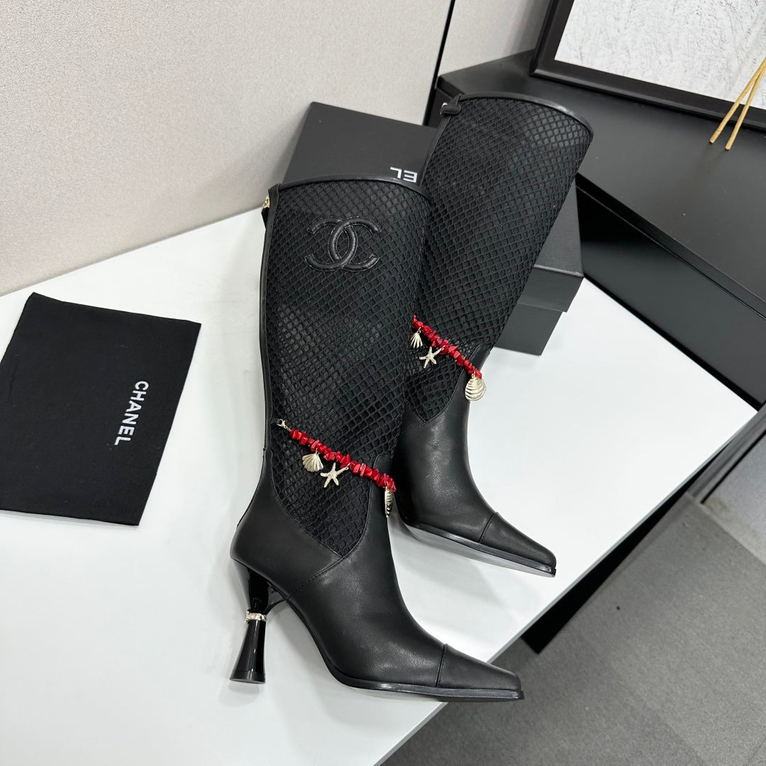 CC 26s Knee-High Boots Seashell Charms Black Mesh Leather 944679