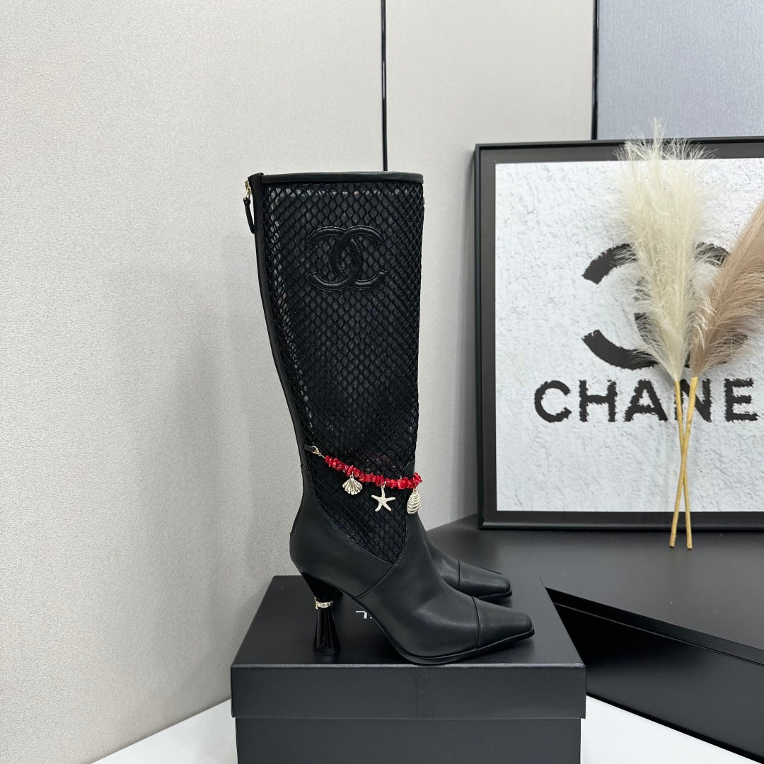 CC 26s Knee-High Boots Seashell Charms Black Mesh Leather 944679
