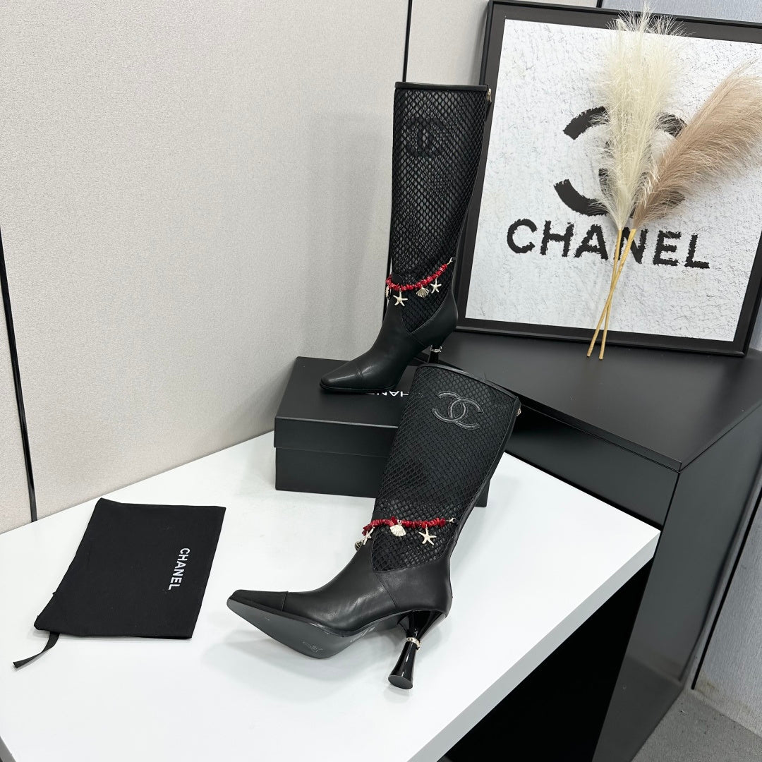 CC 26s Knee-High Boots Seashell Charms Black Mesh Leather 944679