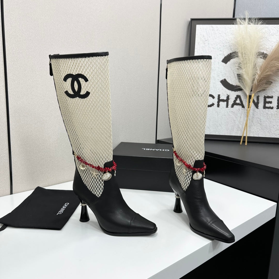 CC 26s Knee-High Boots Seashell Charms White Black Mesh Leather 944680