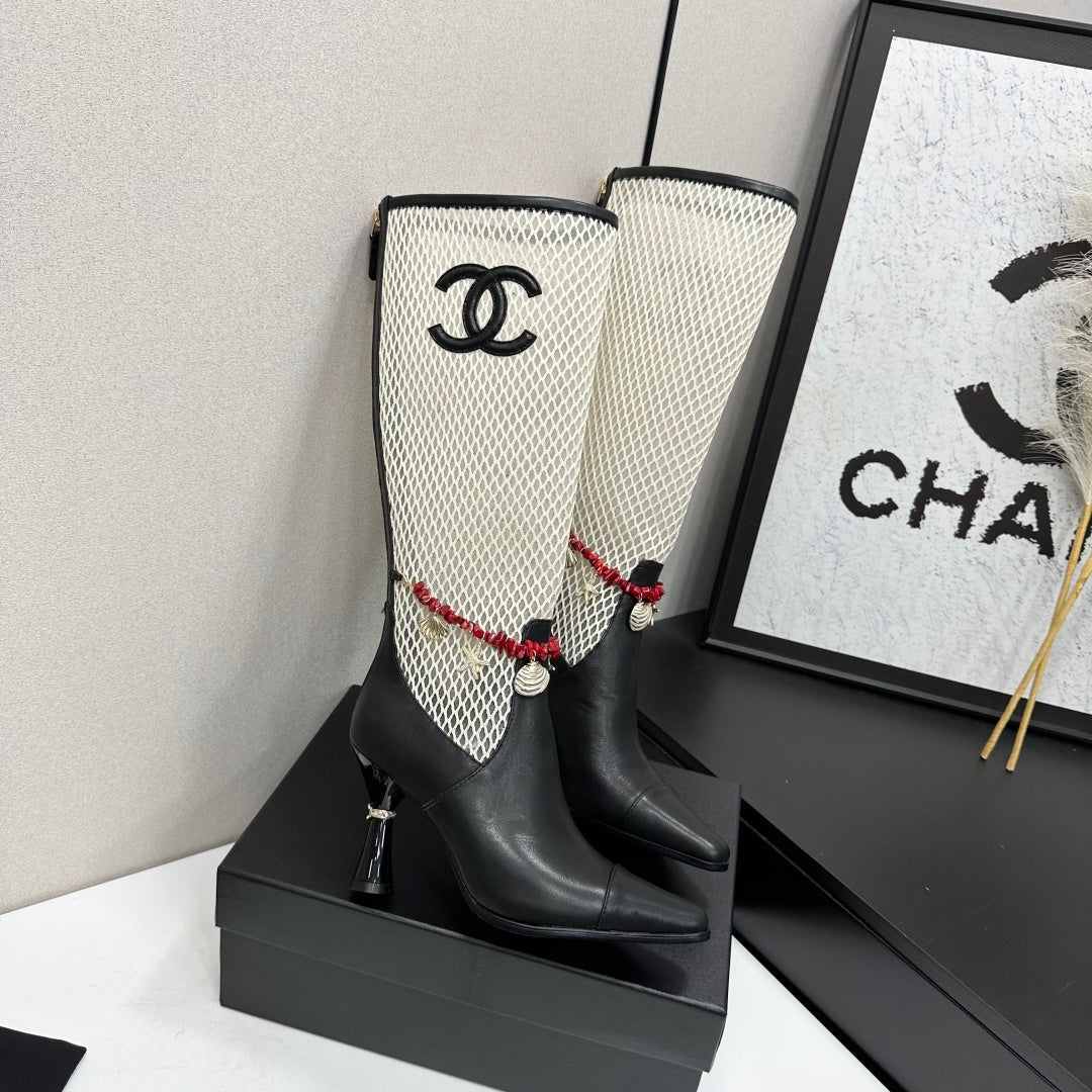 CC 26s Knee-High Boots Seashell Charms White Black Mesh Leather 944680