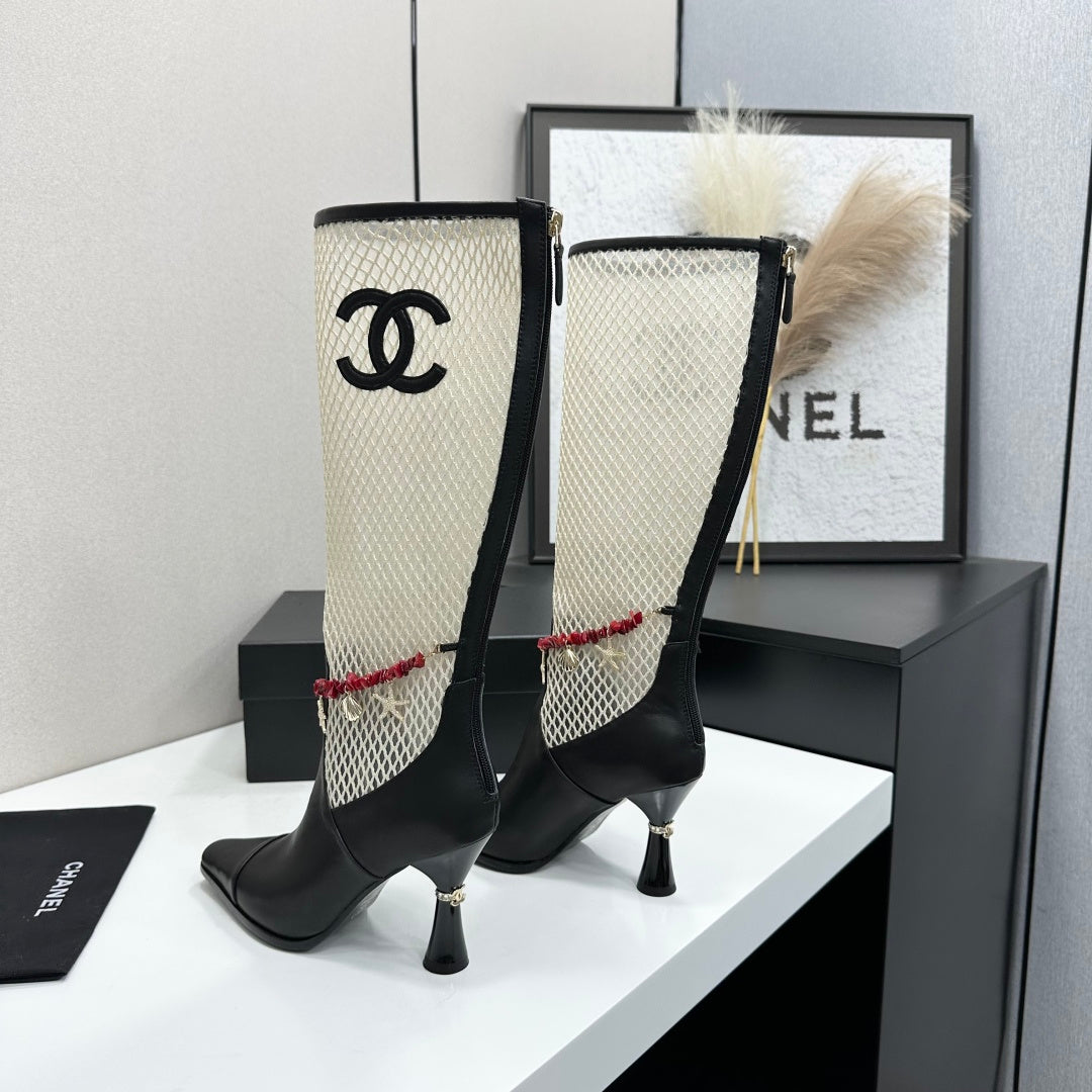 CC 26s Knee-High Boots Seashell Charms White Black Mesh Leather 944680