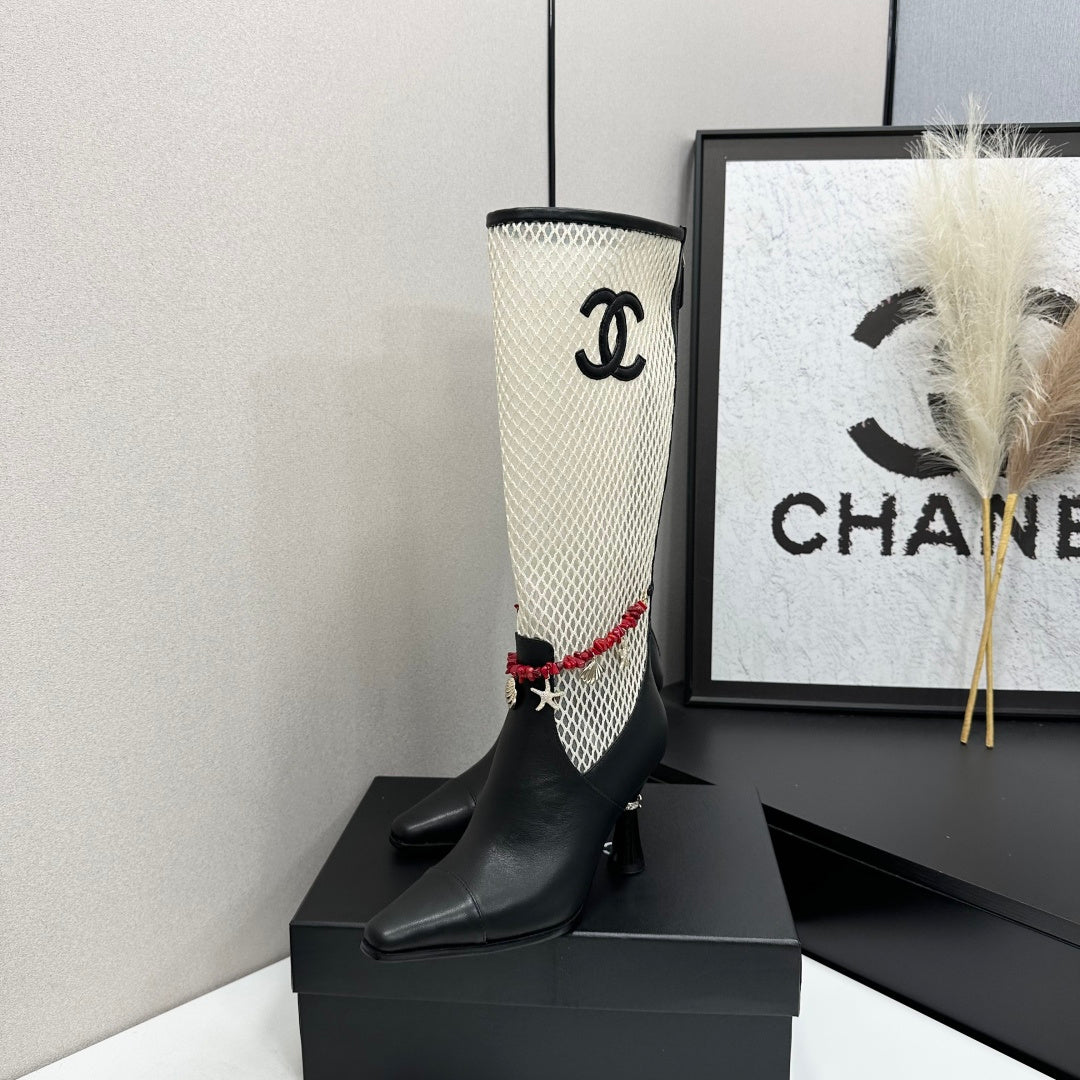 CC 26s Knee-High Boots Seashell Charms White Black Mesh Leather 944680