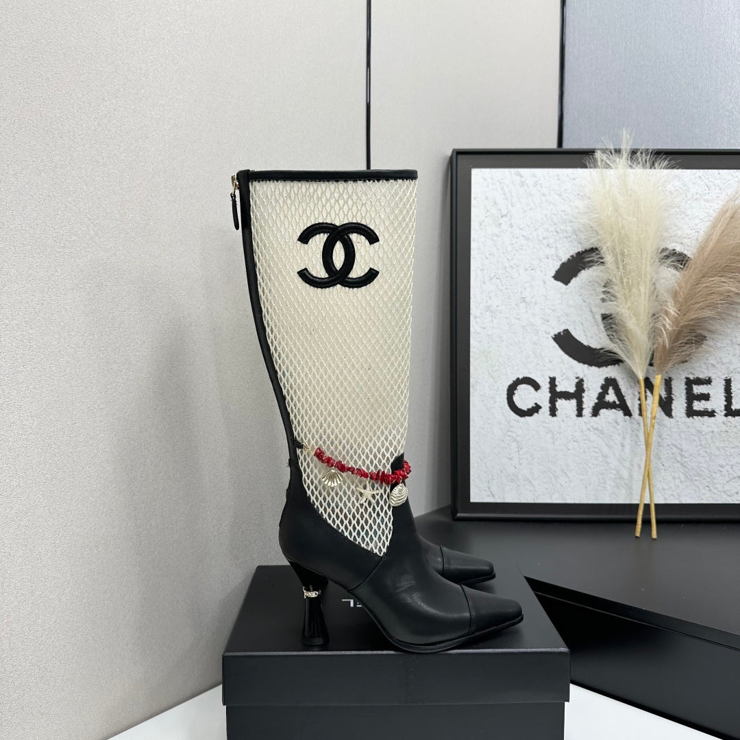 CC 26s Knee-High Boots Seashell Charms White Black Mesh Leather 944680