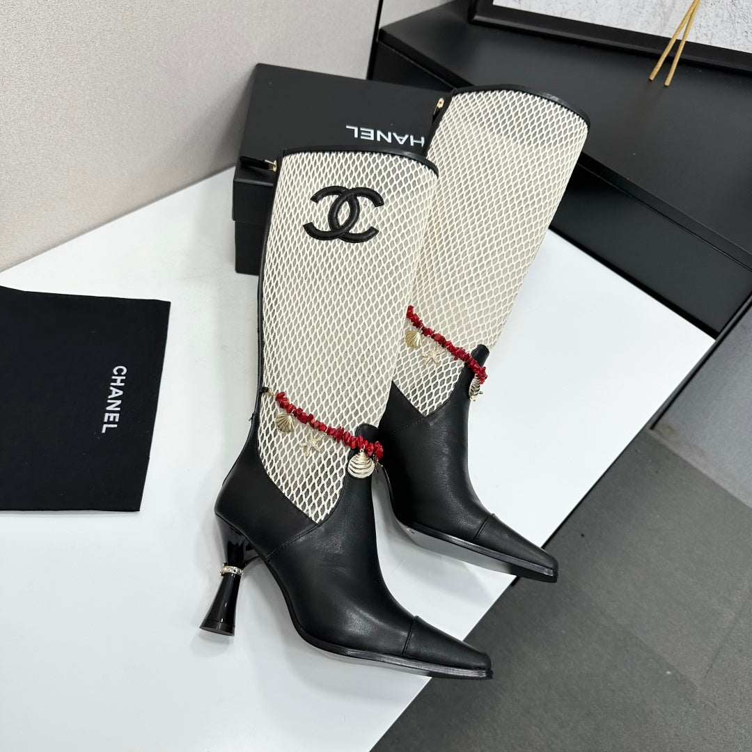 CC 26s Knee-High Boots Seashell Charms White Black Mesh Leather 944680