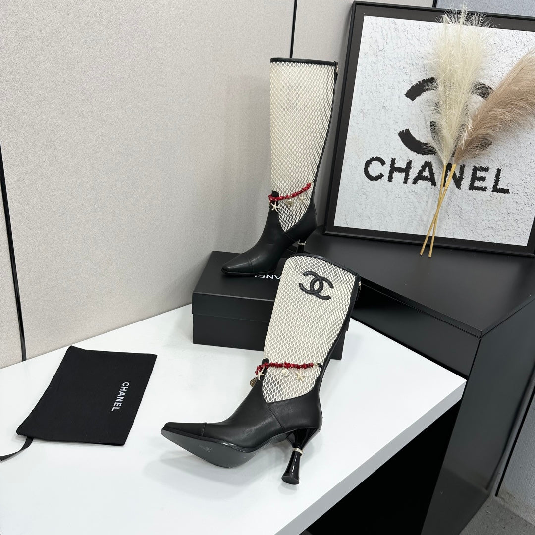 CC 26s Knee-High Boots Seashell Charms White Black Mesh Leather 944680