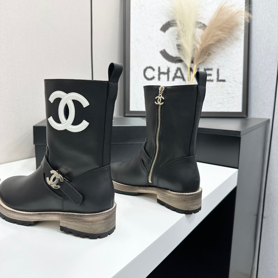 CC 26s Biker Mid-Calf Boots Black Cowhide 986138