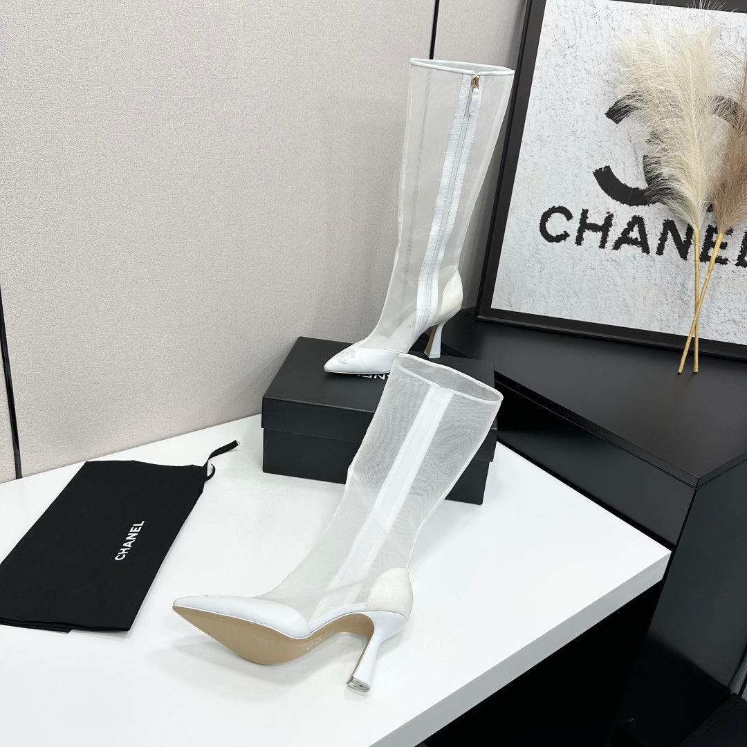 CC 26s Mesh Knee High Boots White Leather 109222