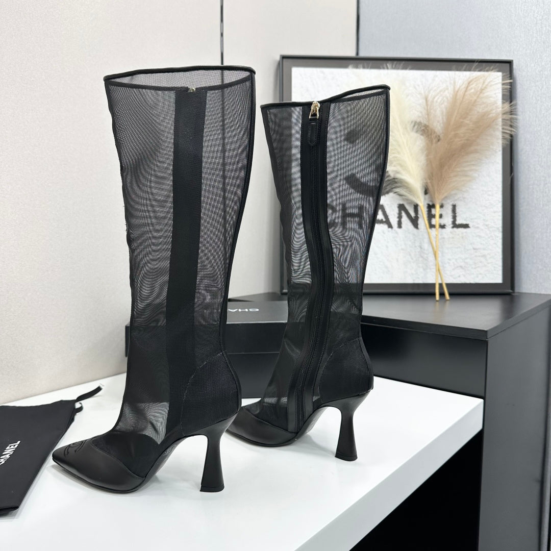 CC 26s Mesh Knee High Boots Black Leather 109224
