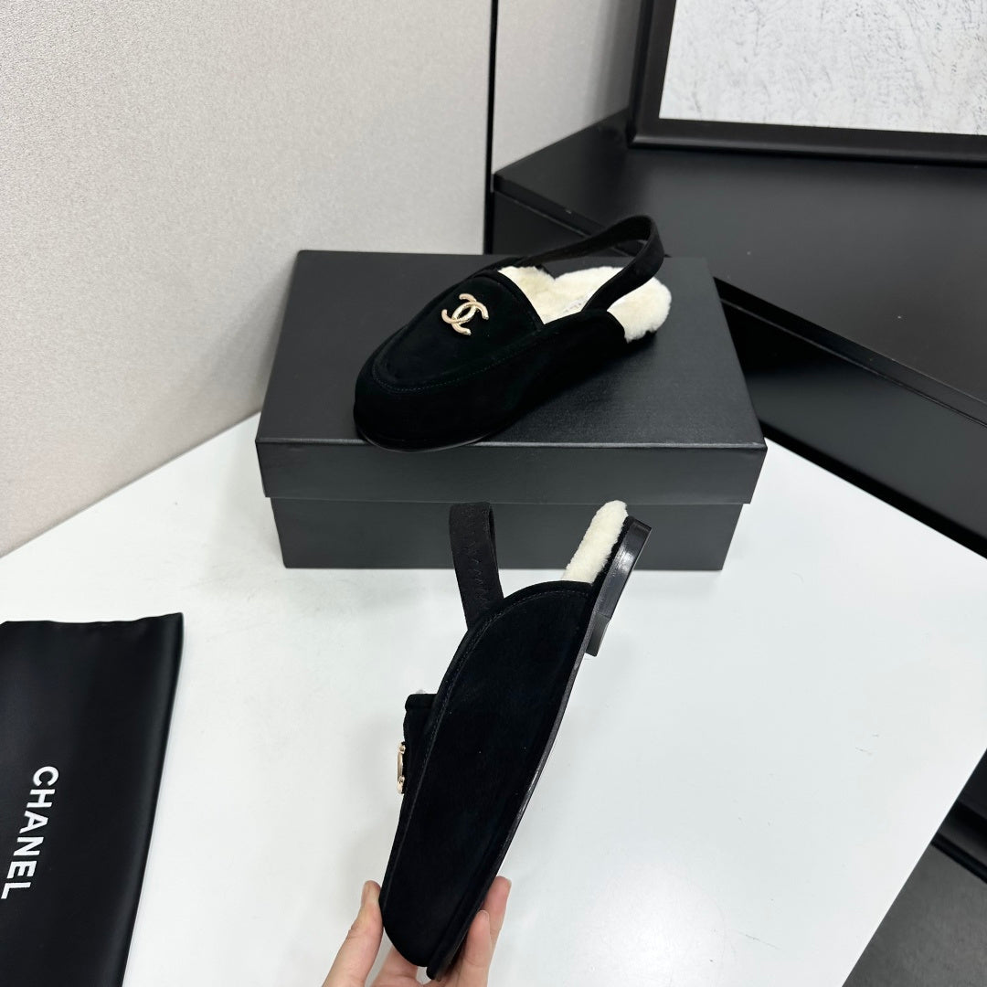 CC 26S Slingback Mules Black White Shearling Suede 147326
