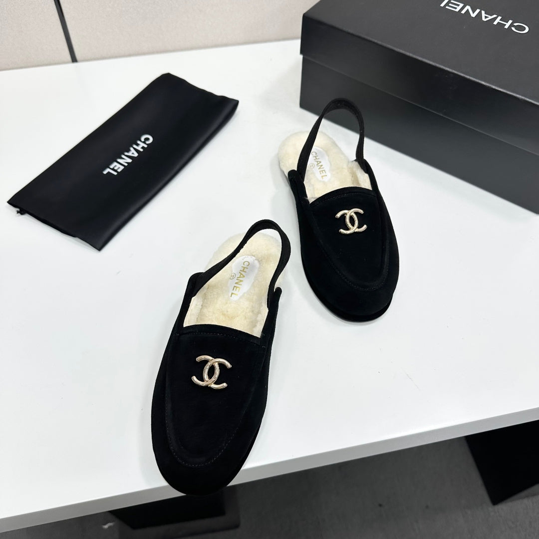 CC 26S Slingback Mules Black White Shearling Suede 147326