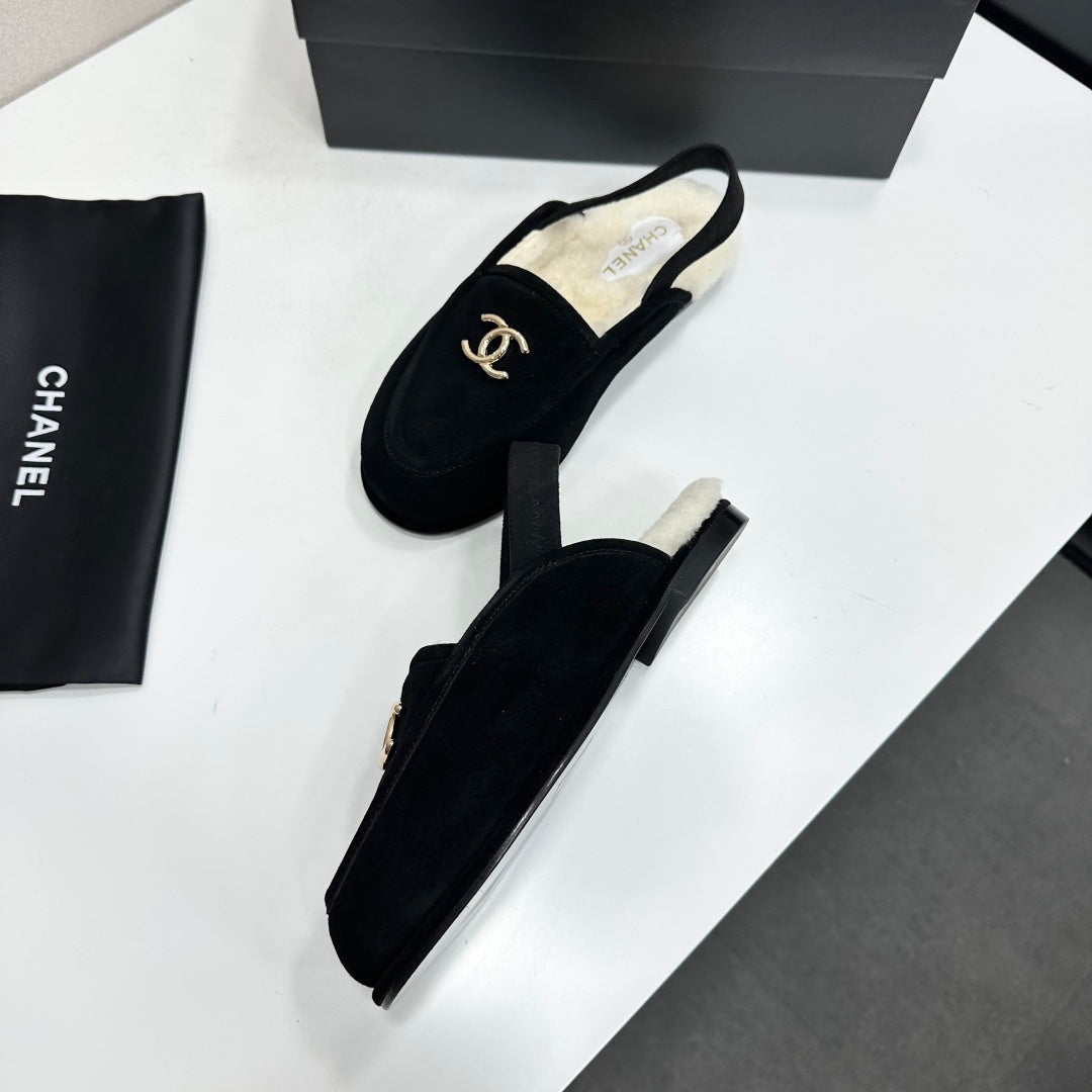 CC 26S Slingback Mules Black White Shearling Suede 147326