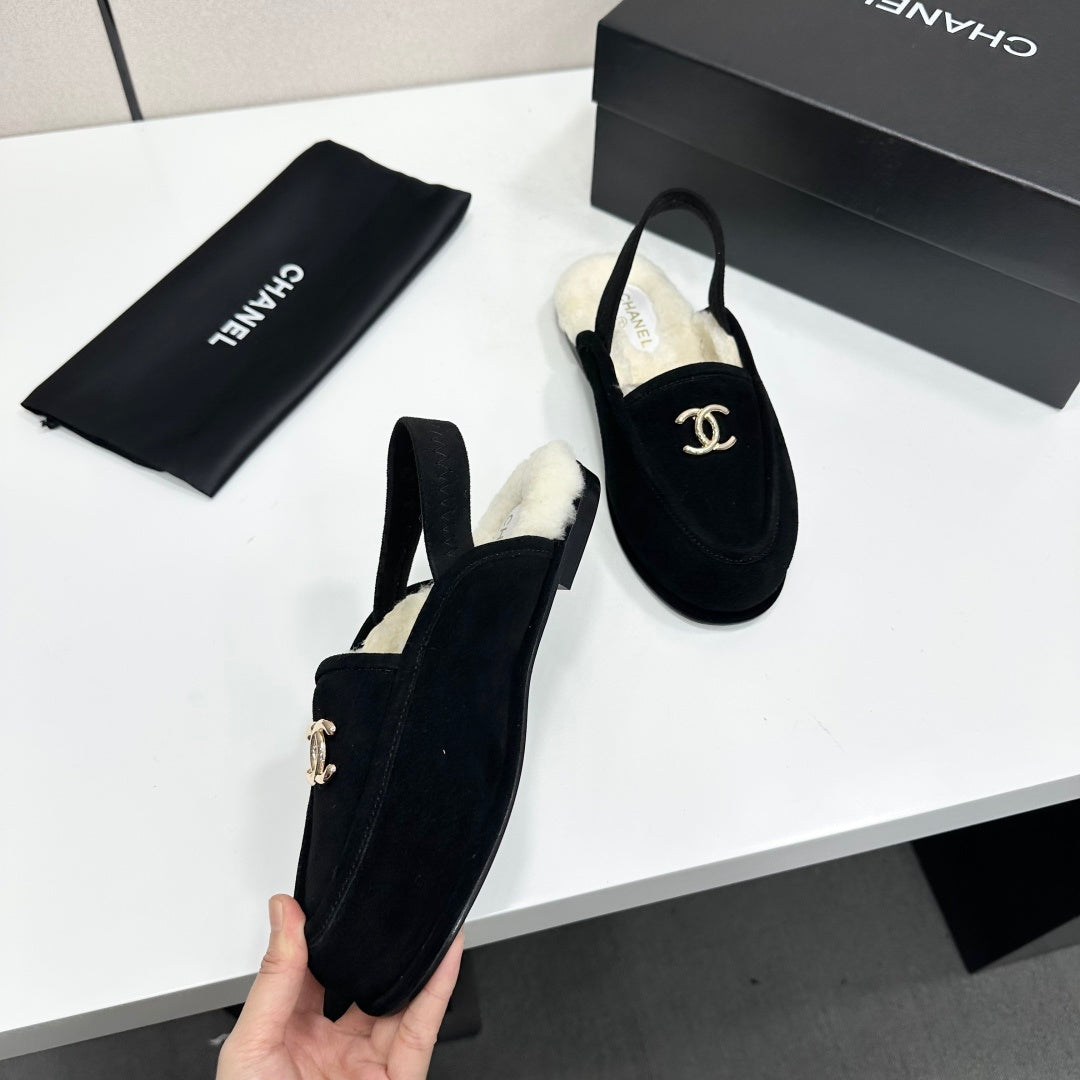 CC 26S Slingback Mules Black White Shearling Suede 147326