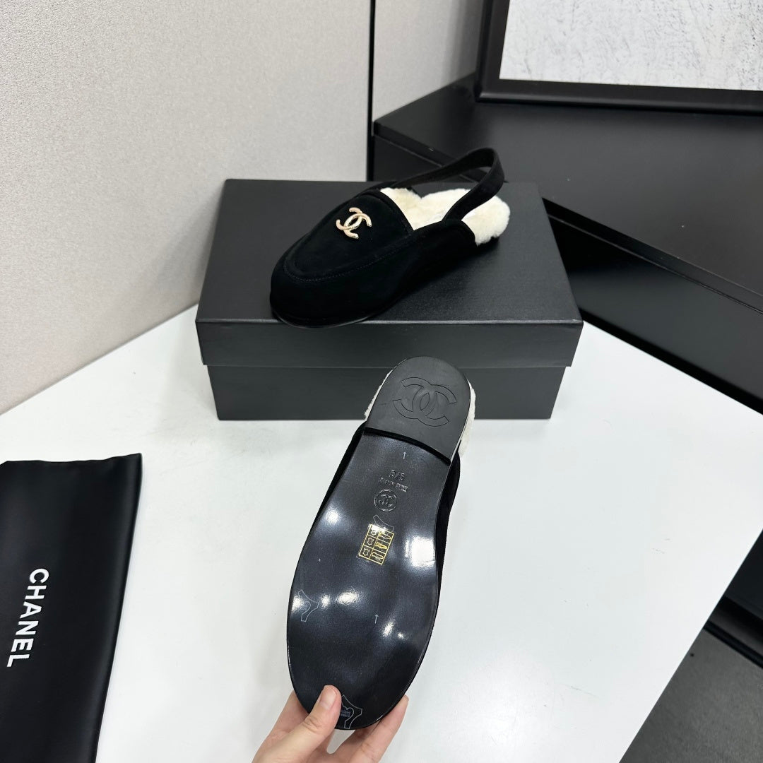 CC 26S Slingback Mules Black White Shearling Suede 147326