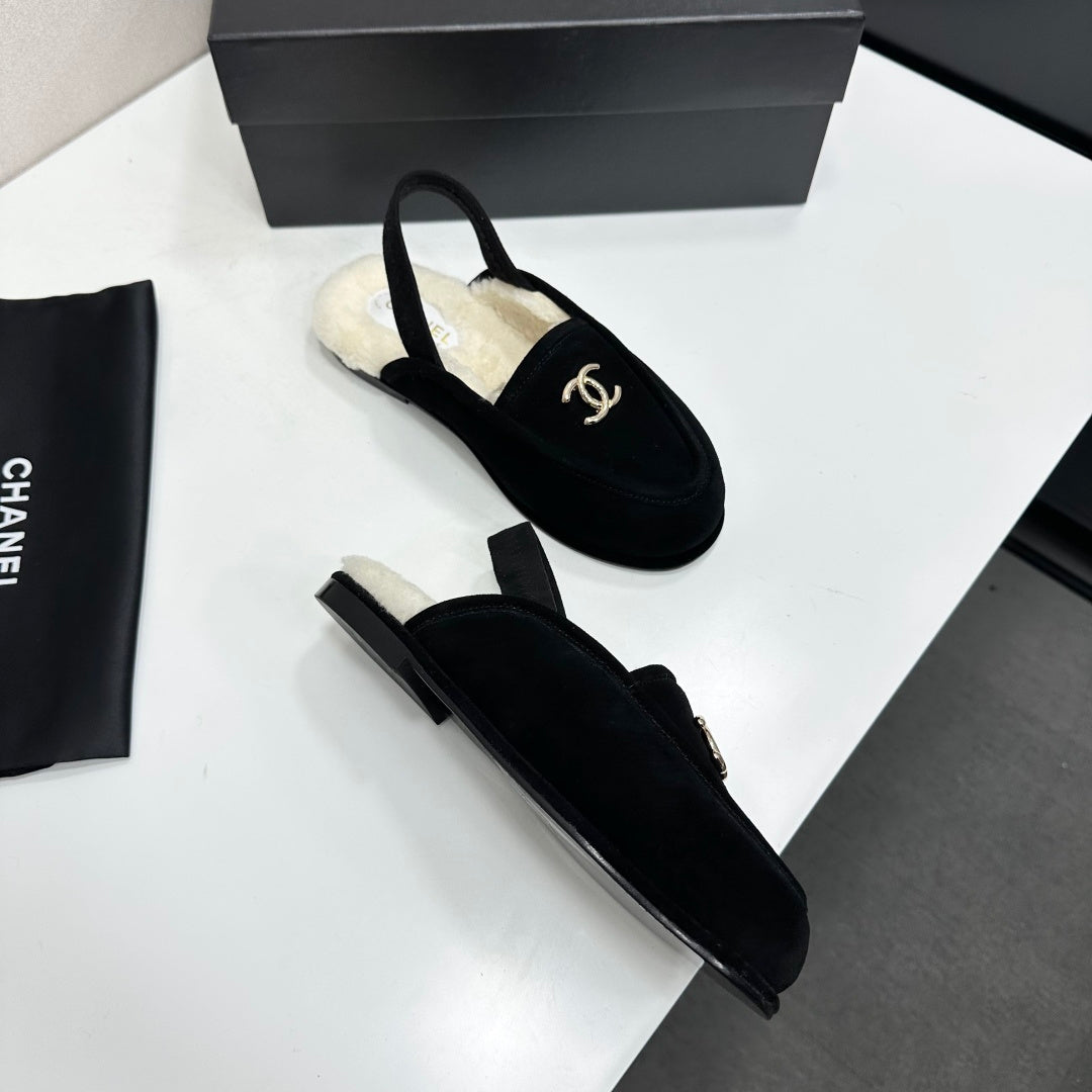 CC 26S Slingback Mules Black White Shearling Suede 147326