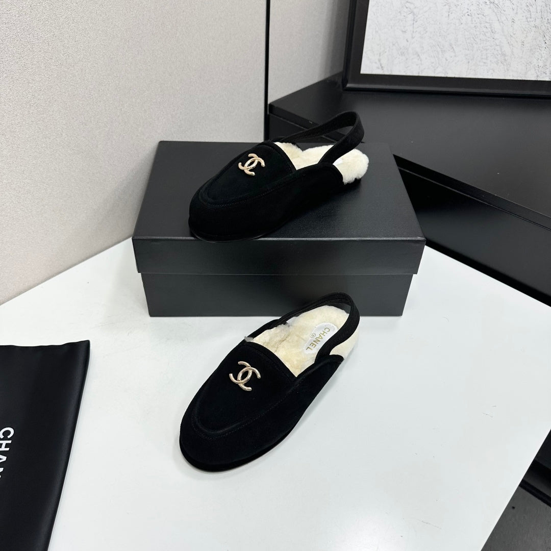 CC 26S Slingback Mules Black White Shearling Suede 147326