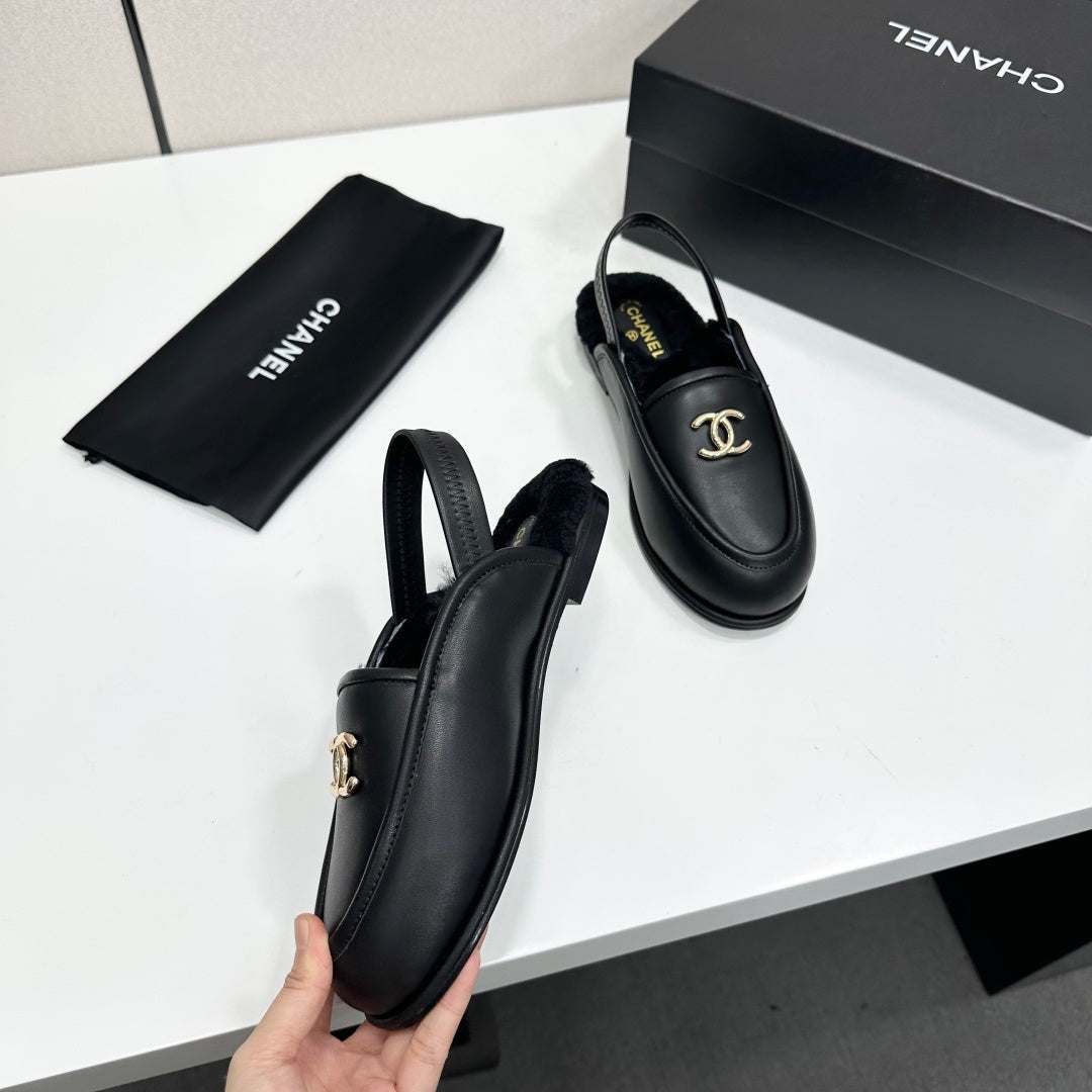 CC 26S Slingback Mules Black Shearling Leather 147322