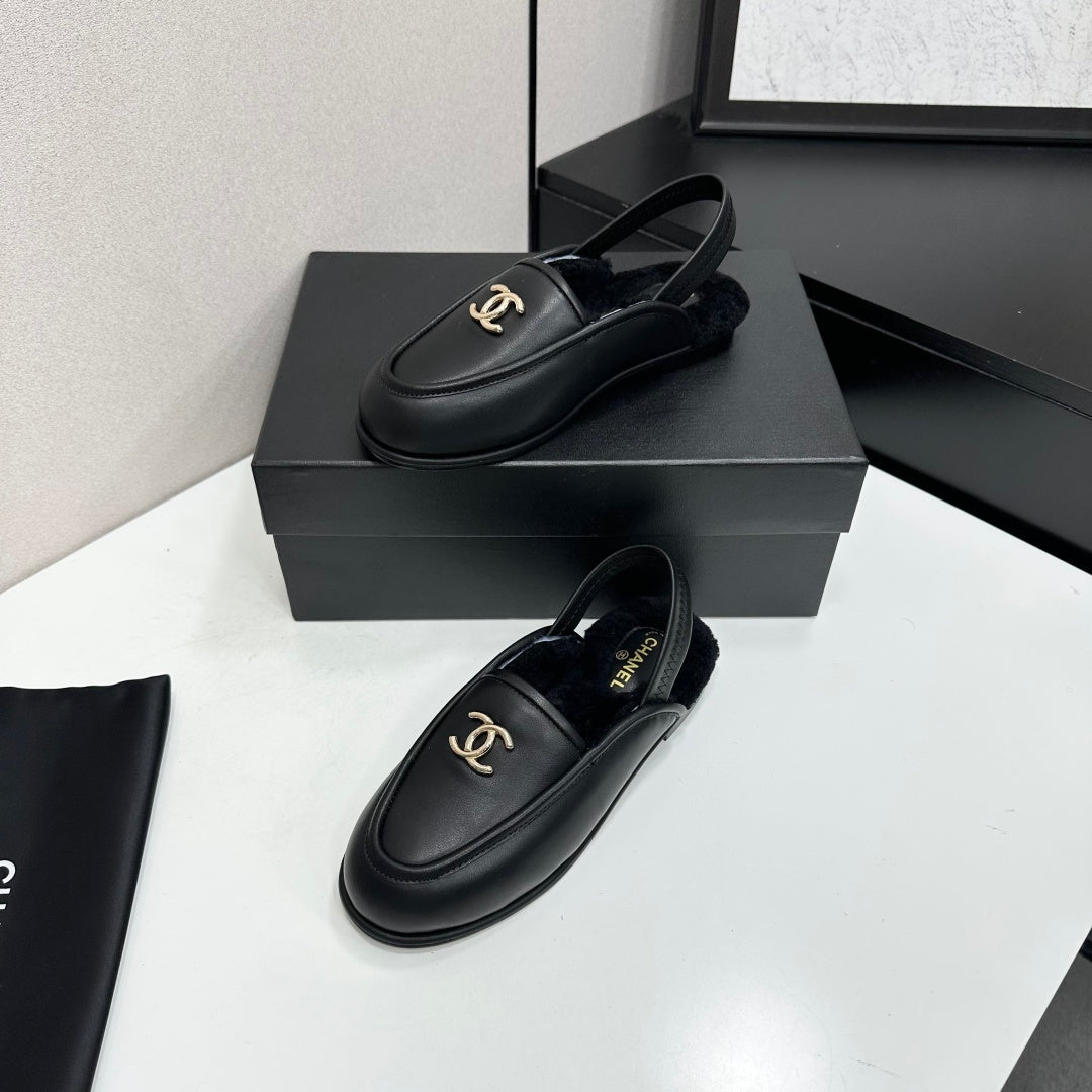 CC 26S Slingback Mules Black Shearling Leather 147322