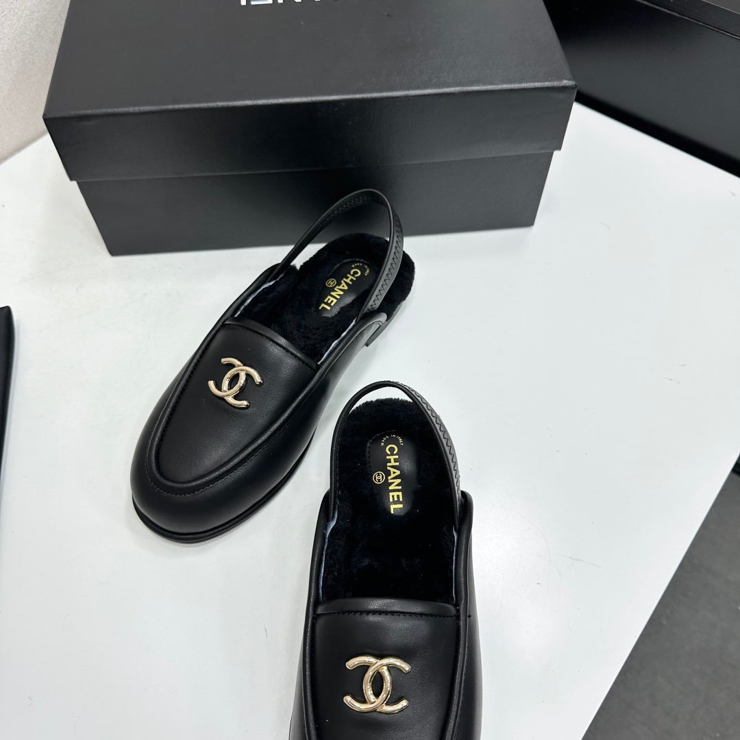 CC 26S Slingback Mules Black Shearling Leather 147322