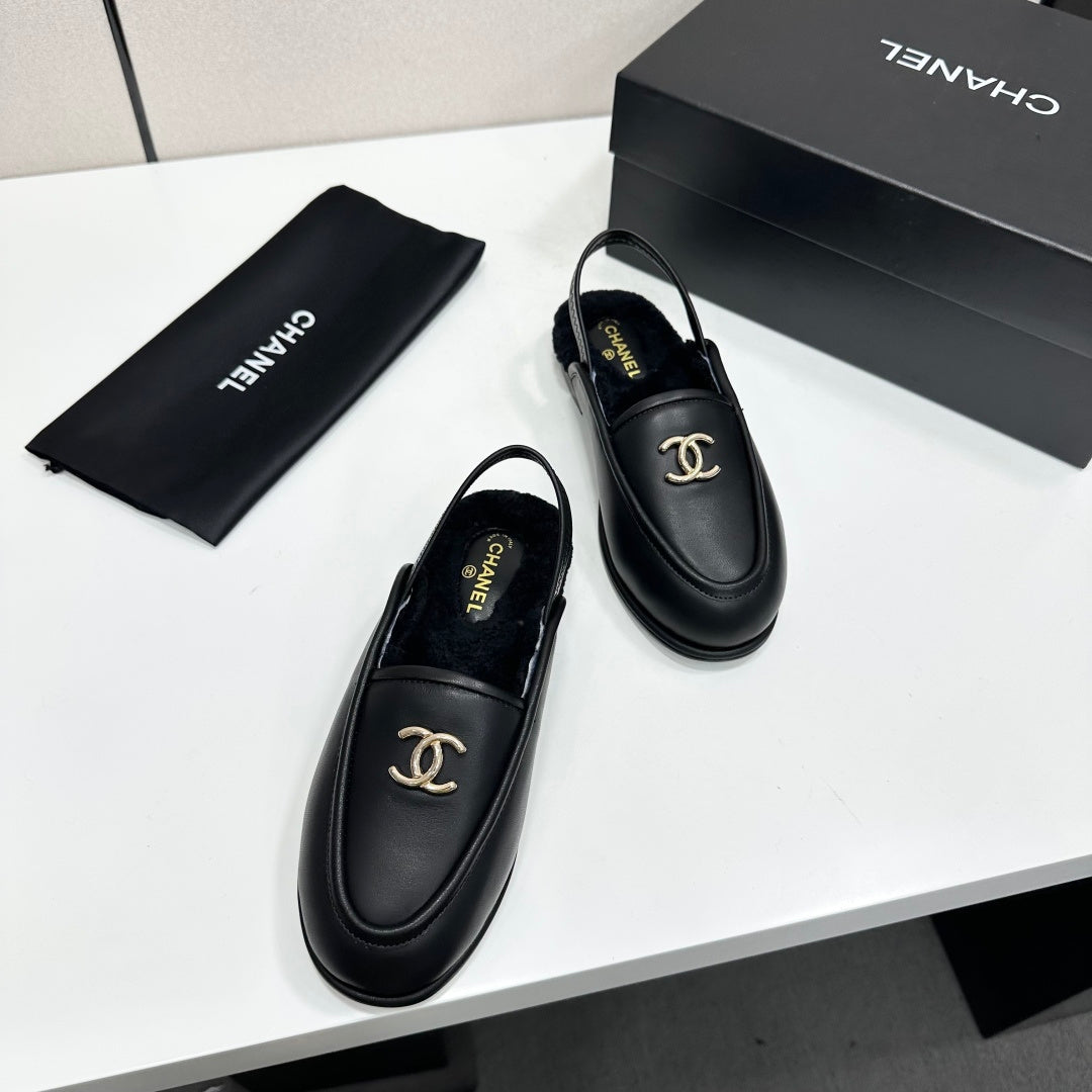 CC 26S Slingback Mules Black Shearling Leather 147322