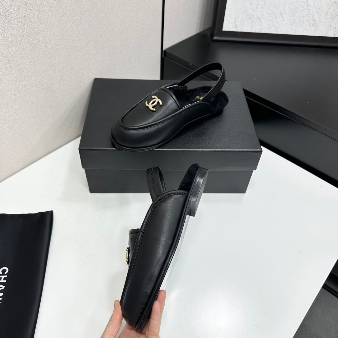 CC 26S Slingback Mules Black Shearling Leather 147322