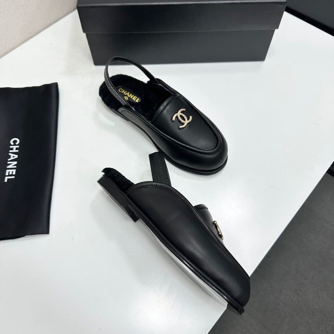 CC 26S Slingback Mules Black Shearling Leather 147322