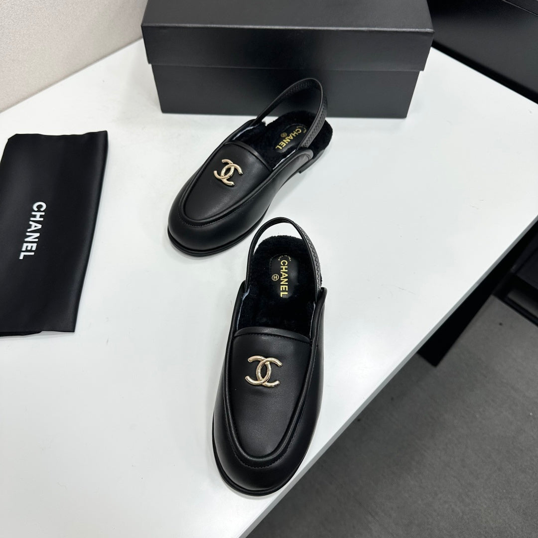 CC 26S Slingback Mules Black Shearling Leather 147322