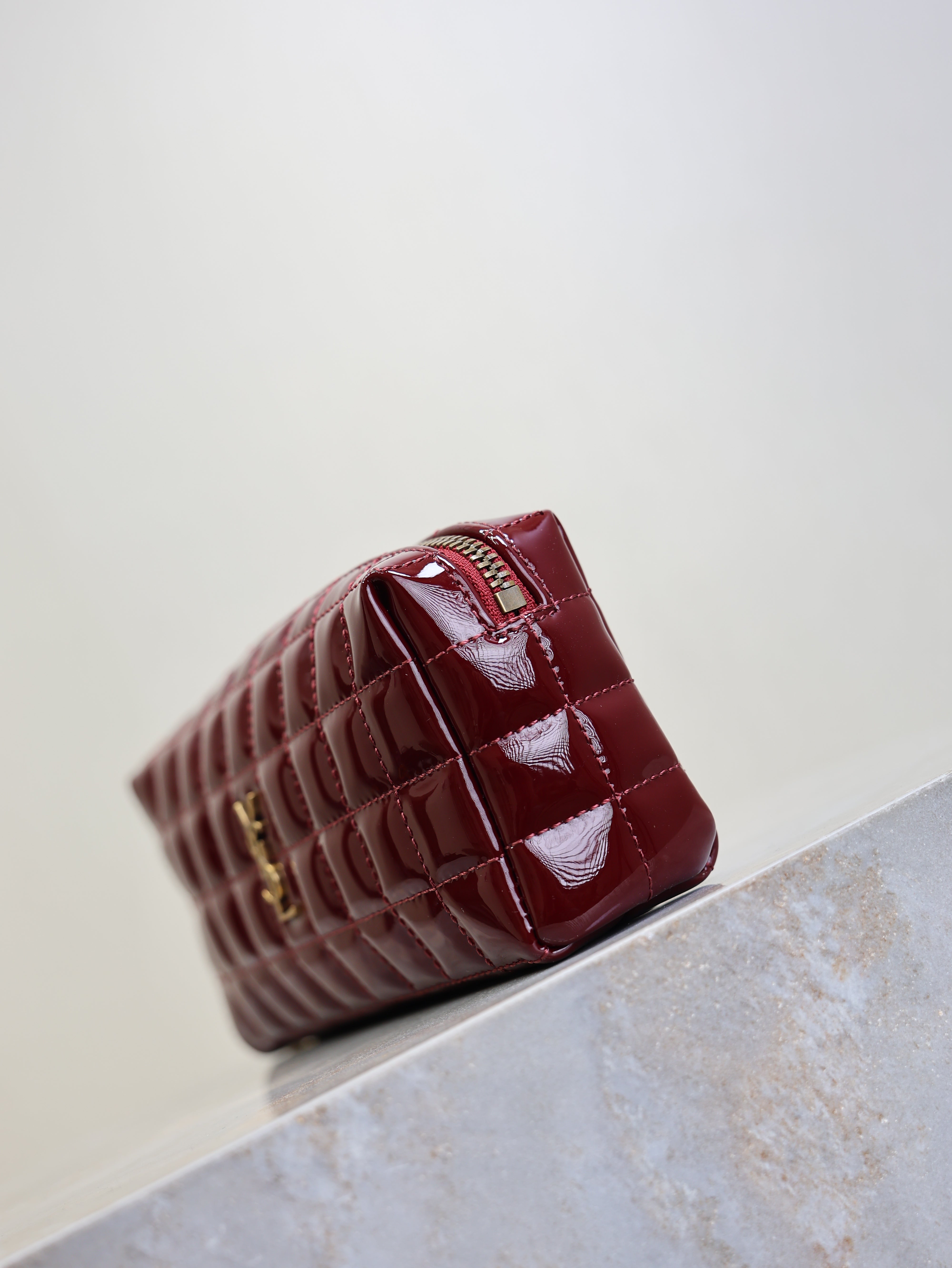 YSL Cassandre Matelassé Chain Clutch 18.5cm Burgundy Patent Leather