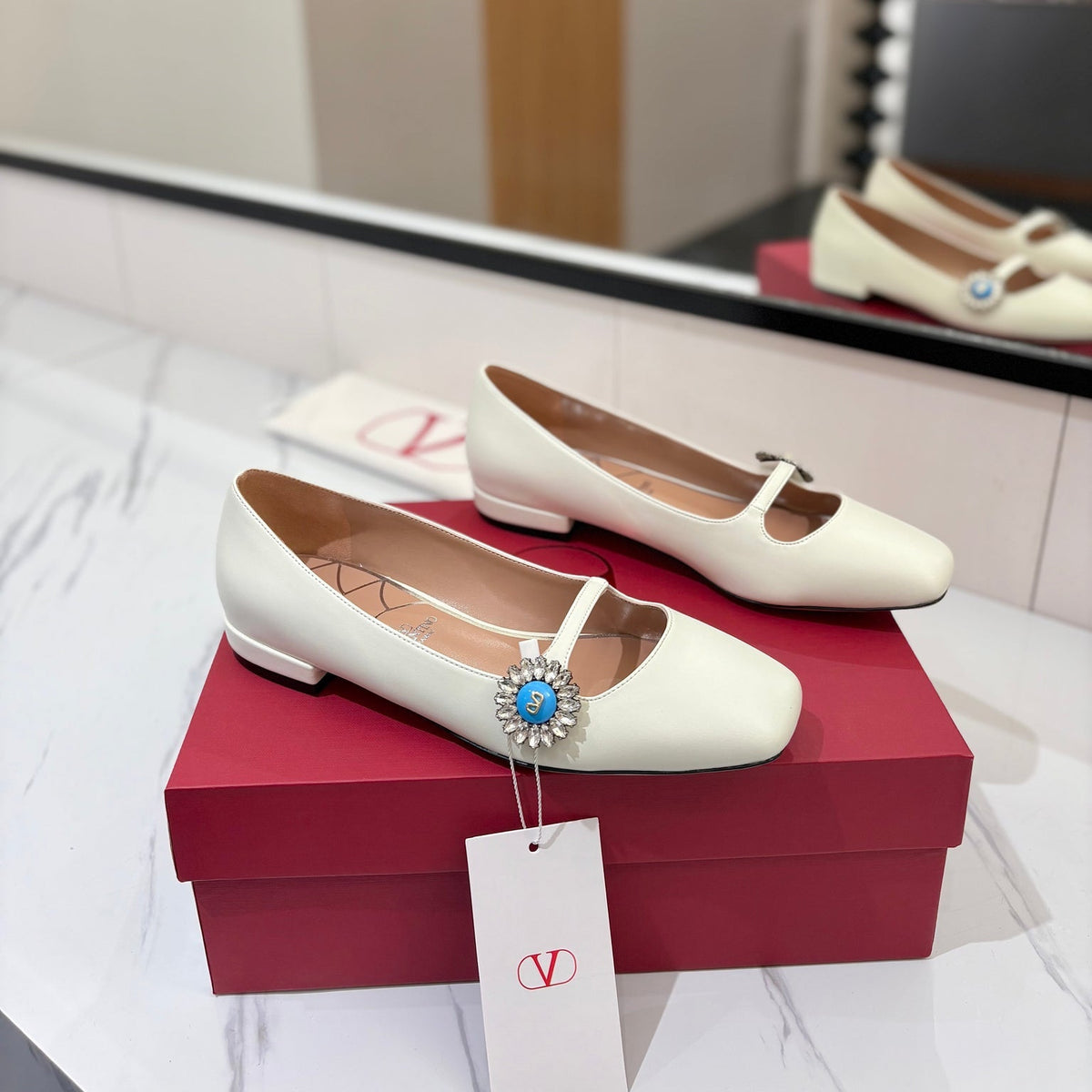 Valentino 26s Mary Jane Flats In White Calfskin With Crystal Flower