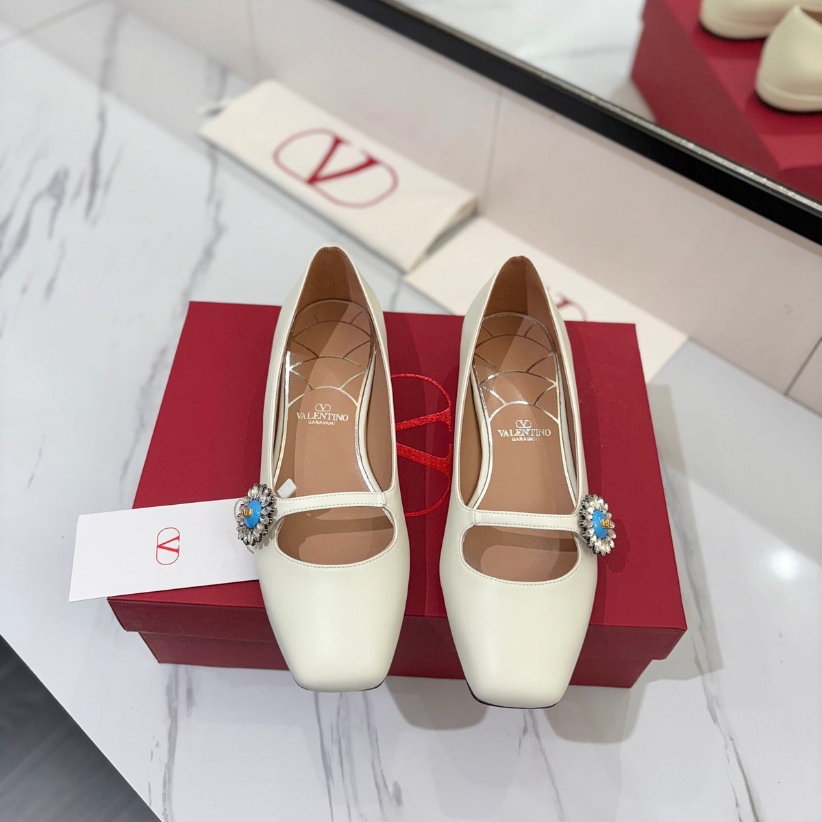 Valentino 26s Mary Jane Flats In White Calfskin With Crystal Flower