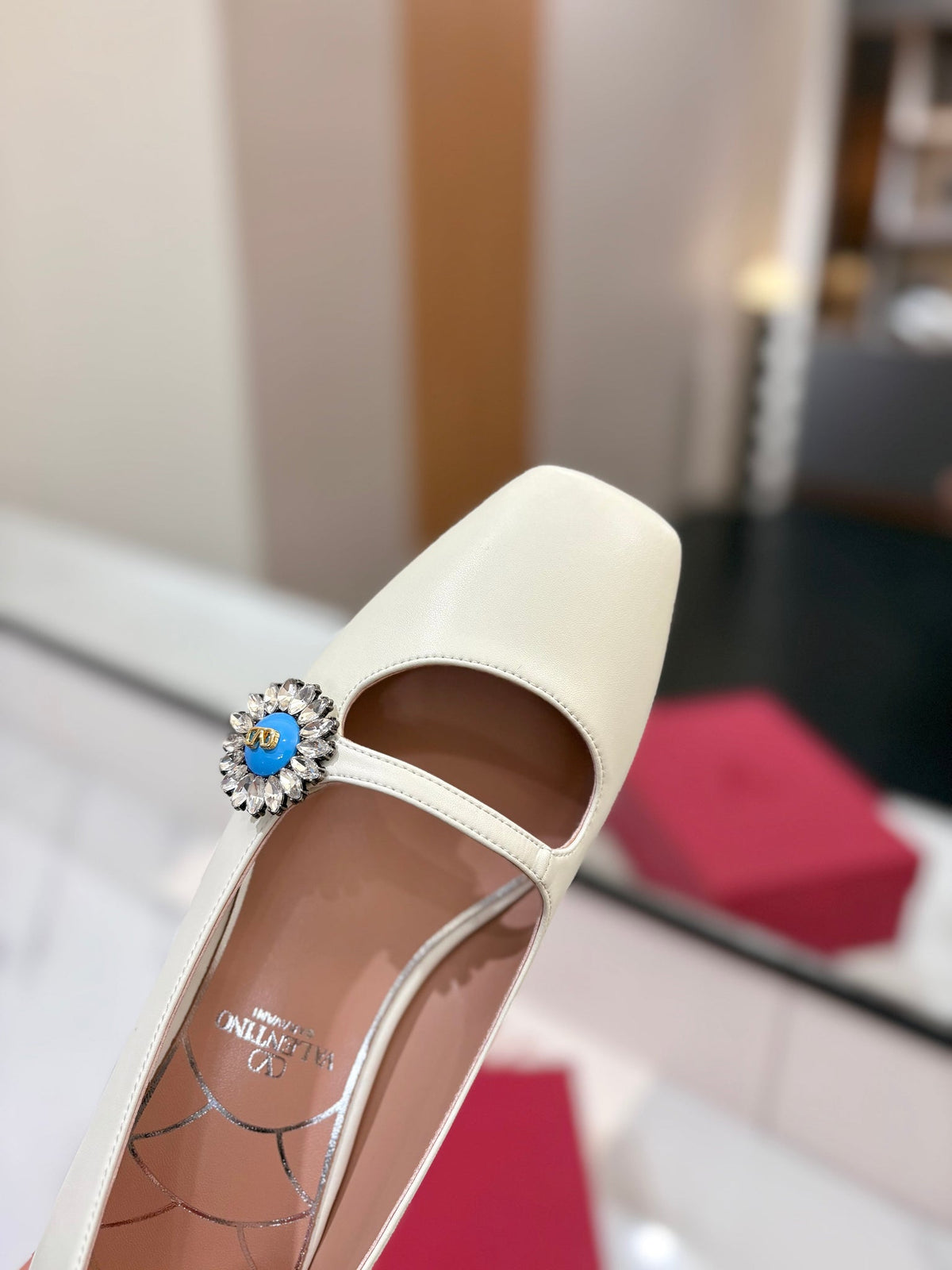 Valentino 26s Mary Jane Flats In White Calfskin With Crystal Flower