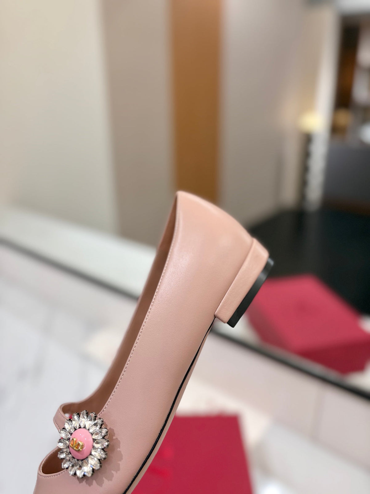 Valentino 26s Mary Jane Flats In Nude Pink Calfskin With Crystal Flower
