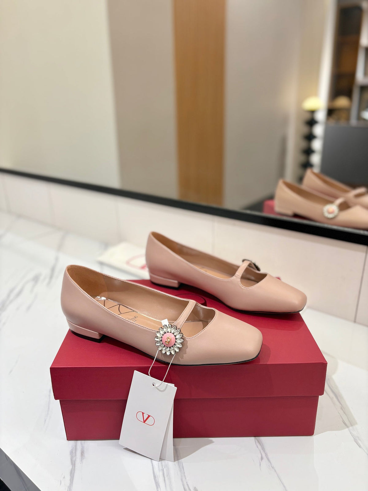 Valentino 26s Mary Jane Flats In Nude Pink Calfskin With Crystal Flower