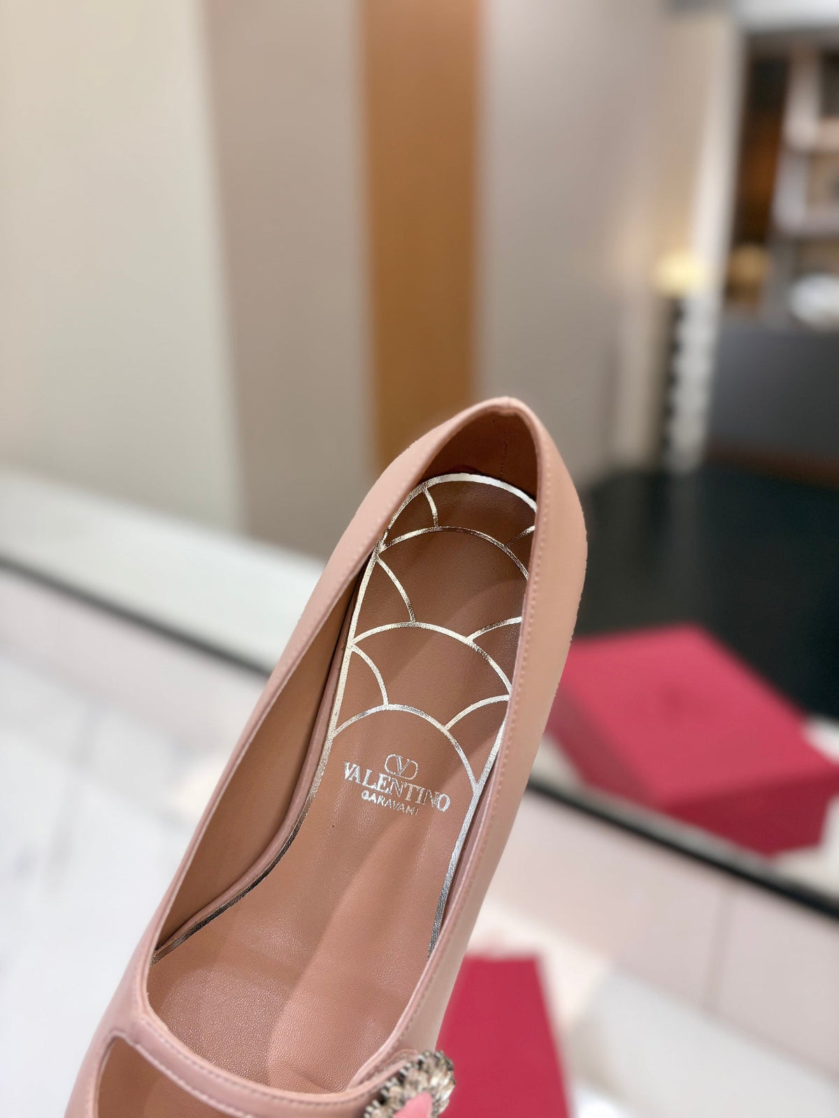Valentino 26s Mary Jane Flats In Nude Pink Calfskin With Crystal Flower