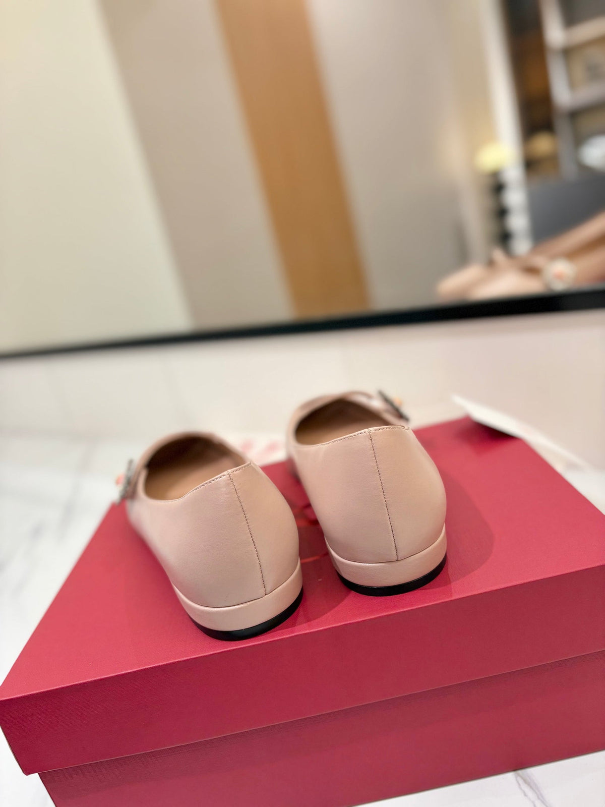 Valentino 26s Mary Jane Flats In Nude Pink Calfskin With Crystal Flower