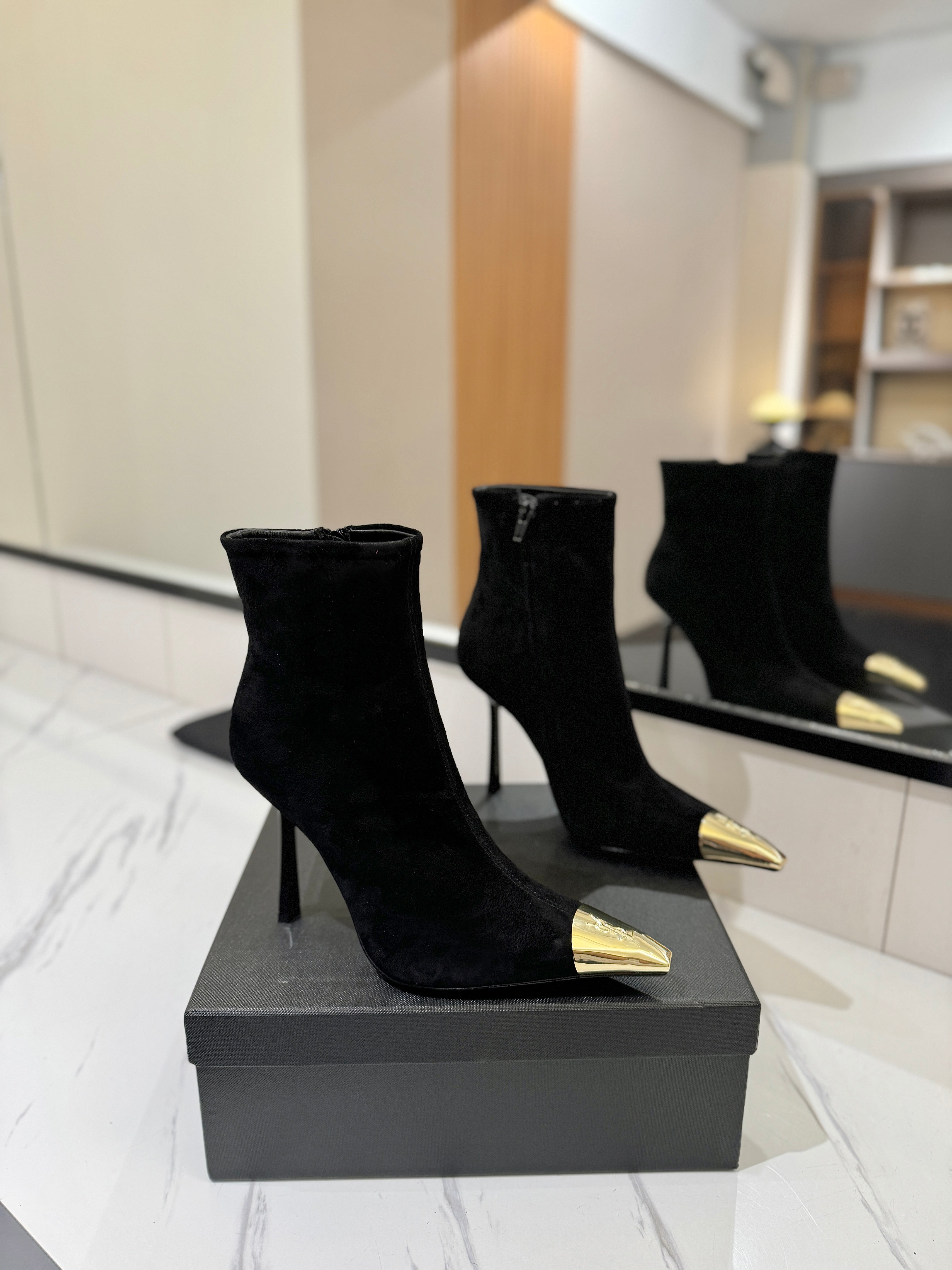 YSL 25 Metal Toe Short Boot Black Gold Suede 520787
