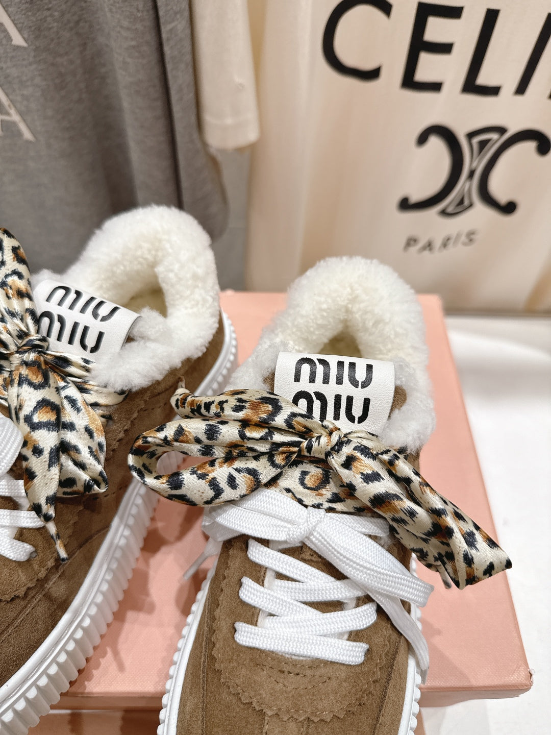 MiuMiu 25 Sneaker Brown White Leopard Suede Wool 535581