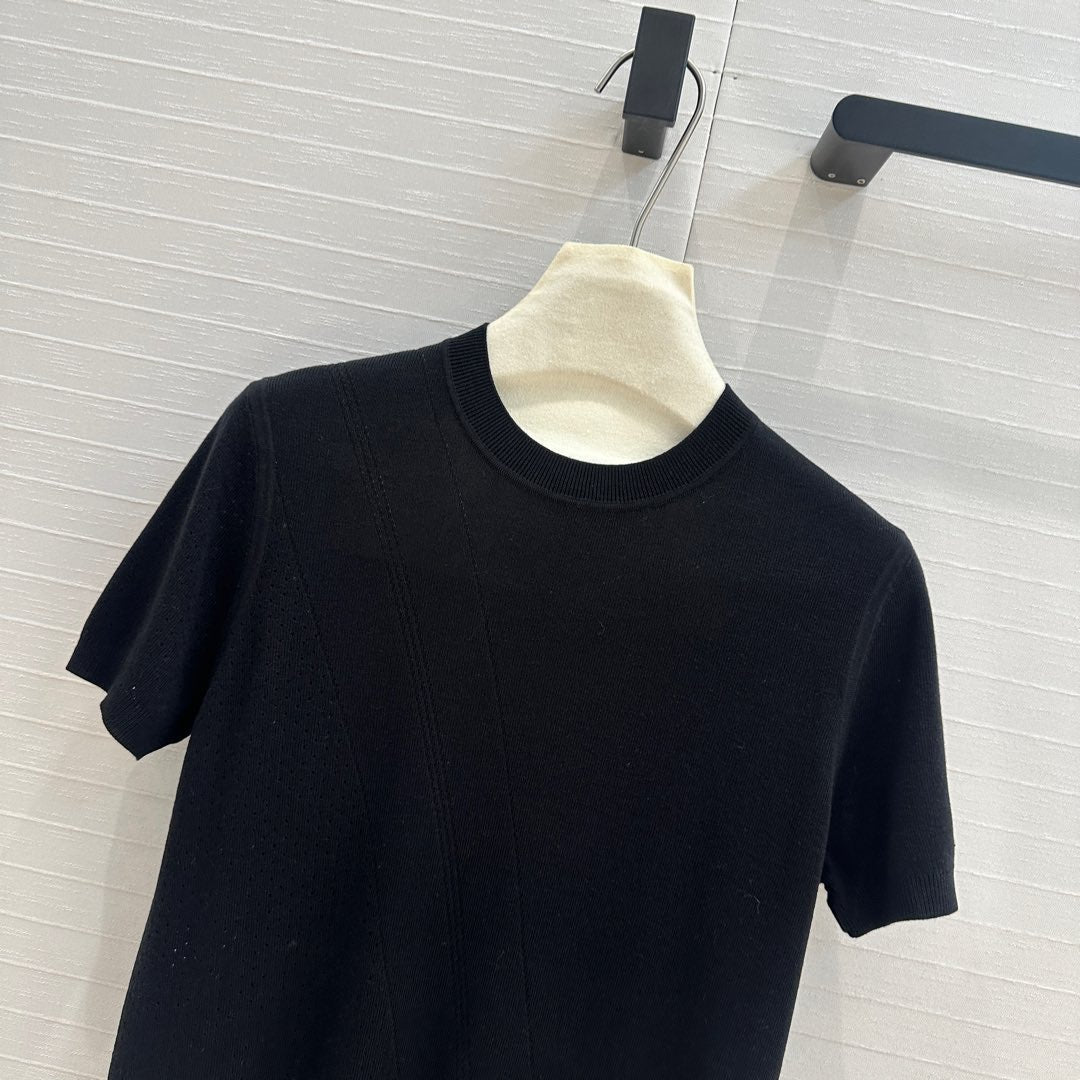 Hm 25 Hollow Knit Short-Sleeve Top Black Tencel Cotton